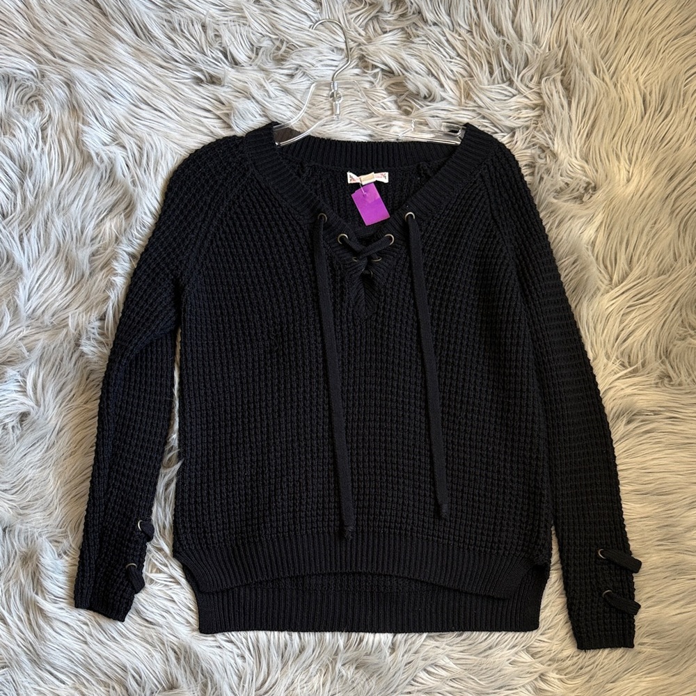 It's Our Time Black Lace-Up V-Neck Sweater